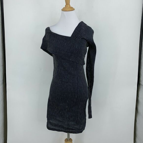 Beaufille Pinstripe One Sleeve Canopy Dress Size 4 Navy Linen Blend Stretch - Picture 4 of 13